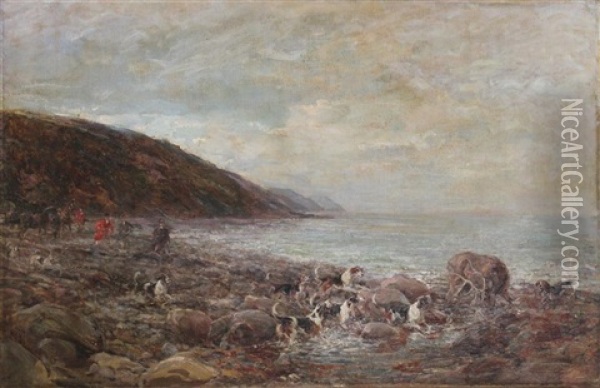 Dogs Cornering A Stag On A Rocky Coast Oil Painting - Heywood Hardy