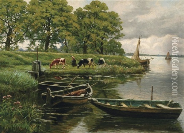 Rivieroever Met Koeienhoedster Oil Painting - Henri Houben