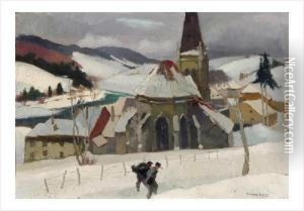 Eglise De Mont Benoit En Hiver Oil Painting - Andre Roz