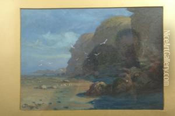 Beach And Cliffs At High Tide Oil Painting - George Outram