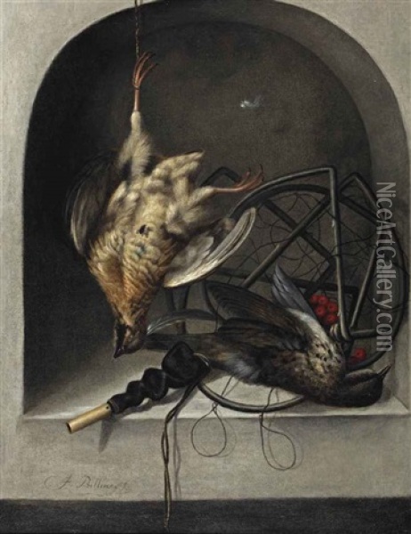 A Partridge Suspended From A Nail, A Starling, A Trap And Whistle In A Stone Niche Oil Painting - Jacobus Biltius