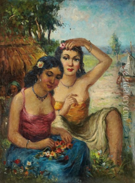 Deux Jeunes Filles Dans Un Paysage Oil Painting - Vera Rockline