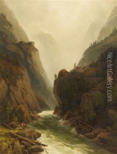 Angler Am Wildwasser Im Gebirge Oil Painting - Johann Wilhelm Lindlar