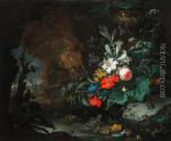 Still Life With Flowers, Lizards, Frogs, Butterflies And Birds In Agrotto Oil Painting - Abraham Mignon