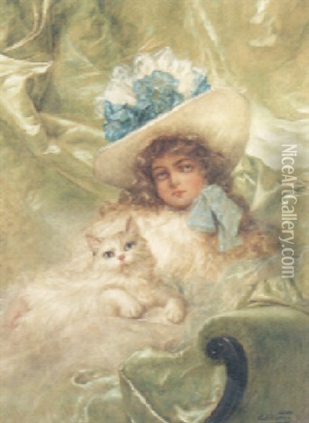 Portrait Of A Young  Girl, Wearing A Blue And White Hat With A White Cat Oil Painting - Carl Kahler