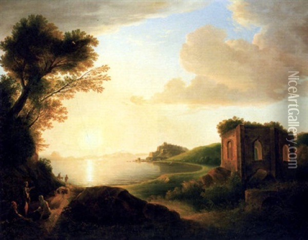 Il Tempio Di Venera E Baia Presso Napoli Al Tramonto Del Sole Oil Painting - Josef Rebell