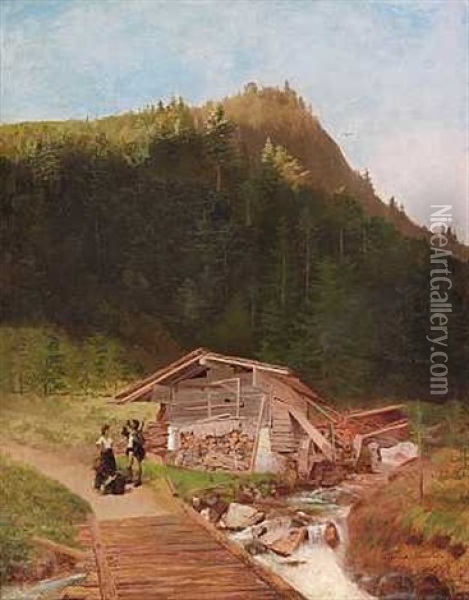 En Passiar Pa En Bjergvej Ved Et Brusende Vandfald Oil Painting - Heinrich Buntzen