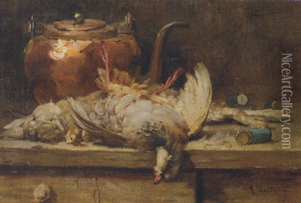 A Still Life With A Rabbit, A Pigeon And A Copper Kettle Oil Painting - Rene Louis Chretien