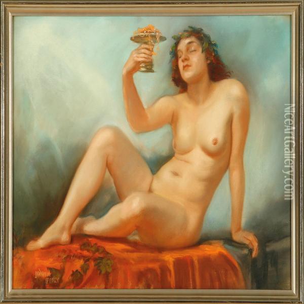 Naked Woman Holding A Centrepiece With Jewellery Oil Painting - Gudmund Hentze
