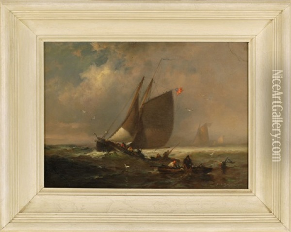 Offshore Fishing Scene With A Large Vessel Flying An American Flag Surrounded By Smaller Boats With Fishermen Hauling Nets Oil Painting - Franklin Dullin Briscoe