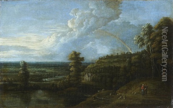 An Extensive Landscape With A Rainbow, A Shepherd And Shepherdess In The Foreground With Their Flock; And An Extensive River Landscape With Figures On A Country Path, A Church In The Distance (a Pair) Oil Painting - Lucas Van Uden
