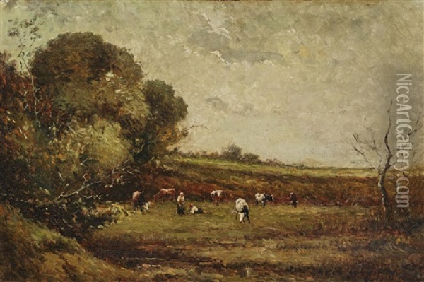 Pasture Landscape With Shepherds And Cows Oil Painting - Jules Dupre