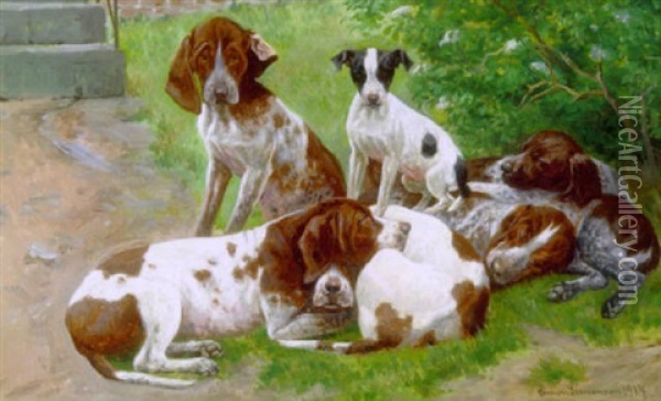 Hundehvalpe Ved En Trappe Oil Painting - Simon Simonsen