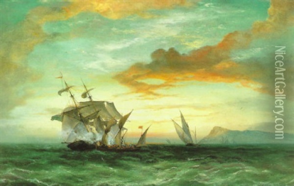 An English Brig Being Attacked By Corsair In The Straits Of Gibraltar Oil Painting - Charles Henry Seaforth