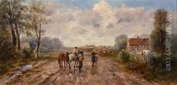 Herbstliche Landschaft. Bauer Mit Heimkehrendem Vieh Nach Einem Gewitter. Oil Painting - Emil Barbarini