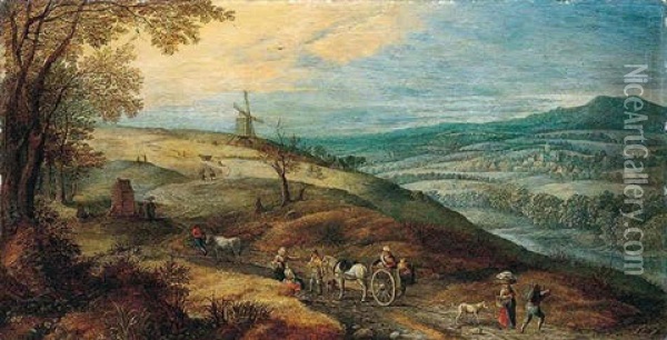 A Landscape With Peasants Resting Beside A Road, With A Windmill Beyond Oil Painting - Jan Brueghel the Elder