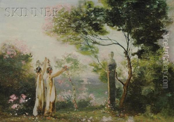 Springtime/bacchantes With Floral Garlands Andherm Oil Painting - Elijah Baxter