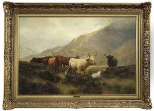 Cattle Herd Inthe Scottish Highlands Oil Painting - Frederick Hall