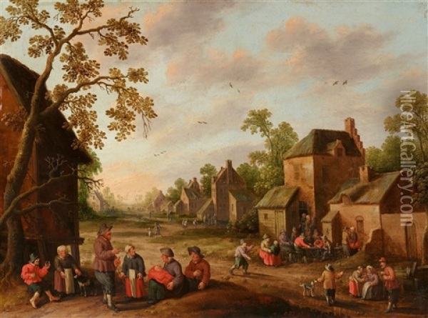 A Busy Village Scene Oil Painting - Joost Cornelisz. Droochsloot