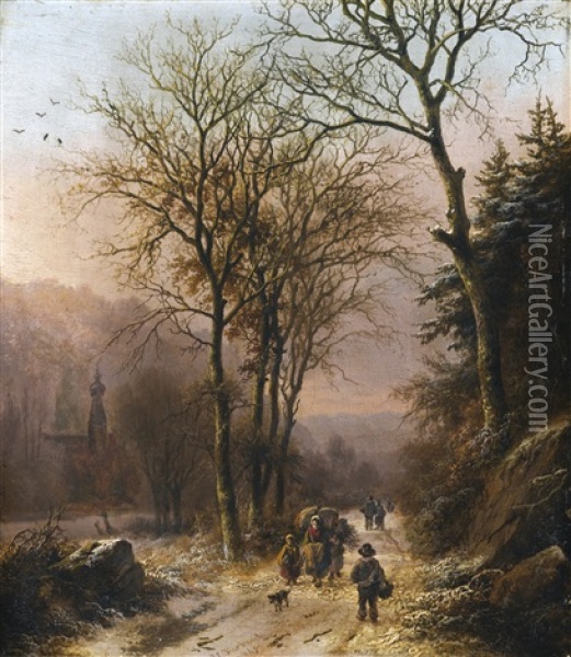 Figures On A Winter Road Oil Painting - Barend Cornelis Koekkoek