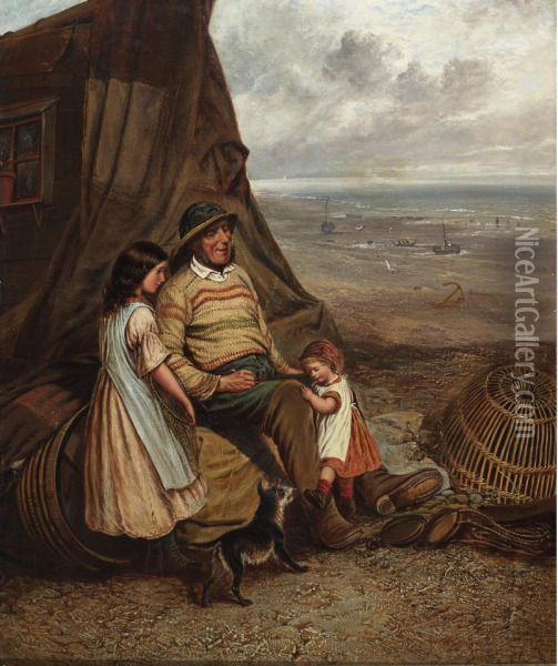 Fisherman And His Children Resting On The Coast Oil Painting - Alfred H. Green