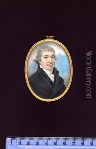 A Gentleman, Wearing Black Coat, Matching Waistcoat, Frilled White Chemise And Stock, His Hair Powdered Oil Painting - Thomas Richmond