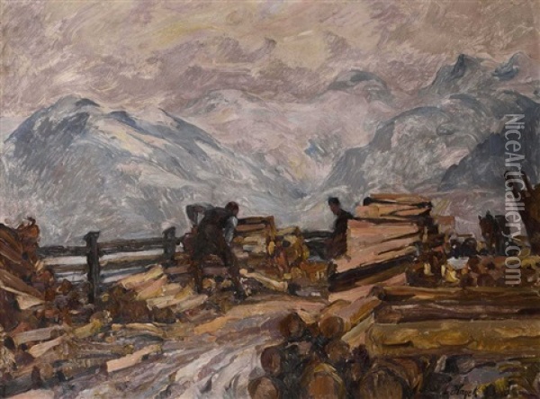 Holzarbeiter Vor Gebirgskulisse Oil Painting - Hans von Hayek