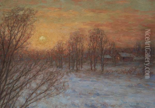 Winter Landscape With Setting Sun Oil Painting - Per Ekstrom