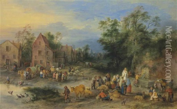A Village Landscape With Figures At A Market By A Pond, A Church Beyond Oil Painting - Theobald Michau