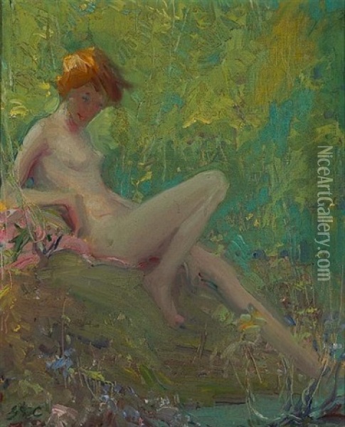 Kiki (a Nude By A Woodland Pool) Oil Painting - Gerald Cassidy