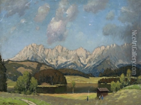 Der Schwarzsee Bei Kitzbuhel Mit Kaisergebirge Oil Painting - Ludwig Von Senger