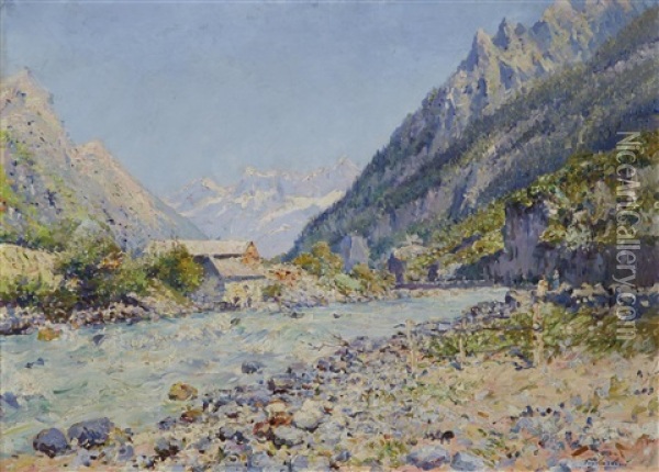 A River In The Alps Oil Painting - Julien Gustave Gagliardini