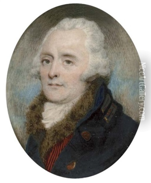 A Gentleman, In Blue Coat With Gold Buttons And Gold Loops On The Collar, Fur-bordered Red And Black Striped Waistcoat And Frilled Cravat Oil Painting - Philip Jean