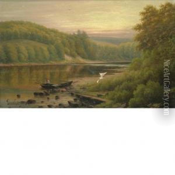 Boater On A Lake In A Landscape Oil Painting - George Cope