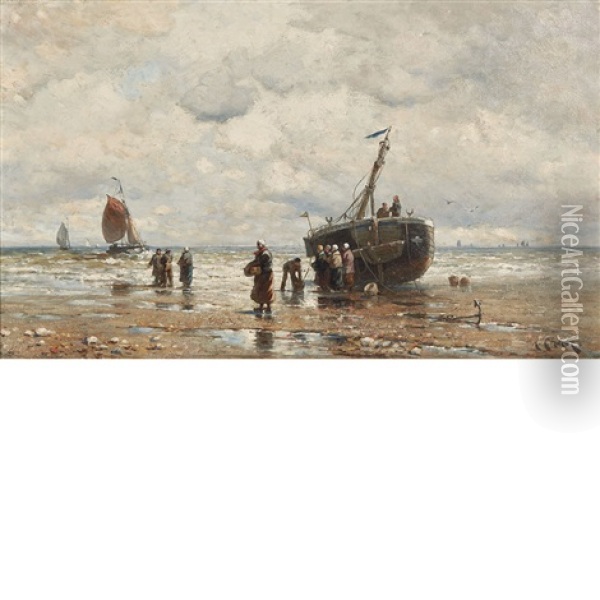 Fisherfolk And Boats By The Shore Oil Painting - Henry Chase