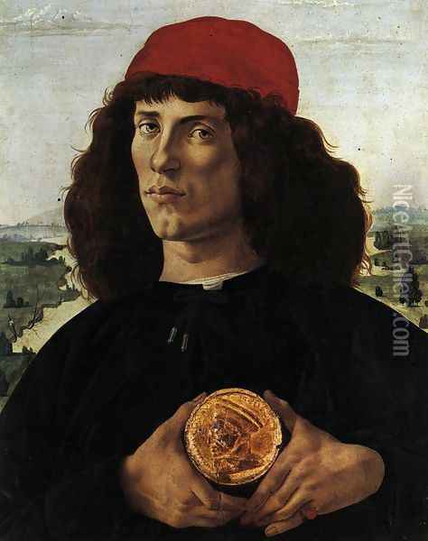 Portrait of a Man with a Medal of Cosimo the Elder c. 1474 Oil Painting - Sandro Botticelli