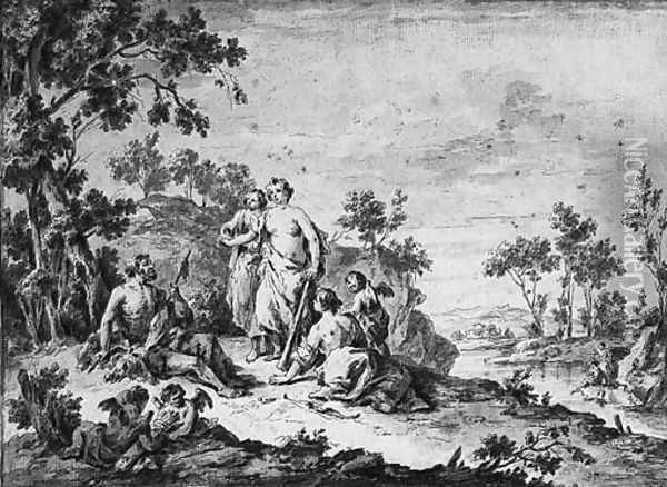 Hercules and Omphale in a Landscape Oil Painting - Giuseppe Zais