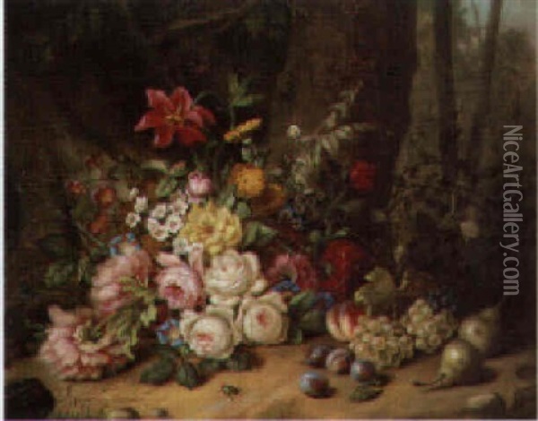 Summer Flowers, Pears, Grapes, Plums And A Beetle On A Woodland Floor Oil Painting - Eduard Wuger