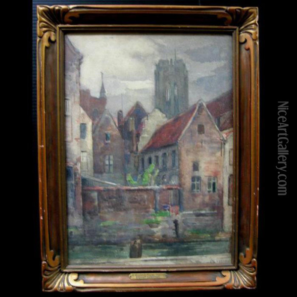 St. Rowlands Tower, Maline; Street Scene (bruges?) Oil Painting - Stewart Carmichael