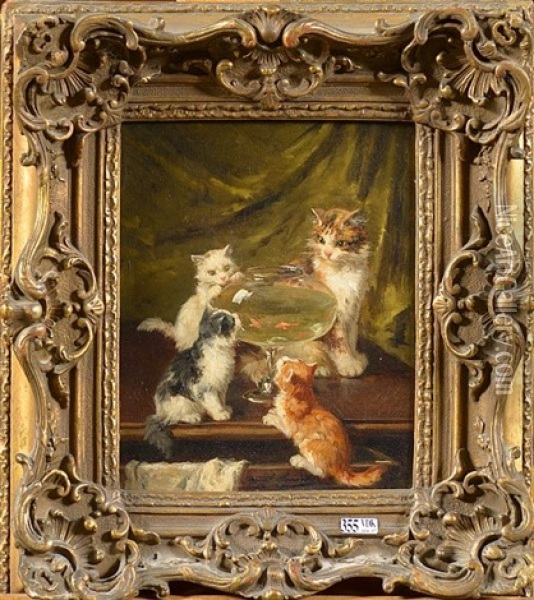 Chatons Jouant Avec Des Poissons Rouges Oil Painting - Alfred Arthur Brunel de Neuville