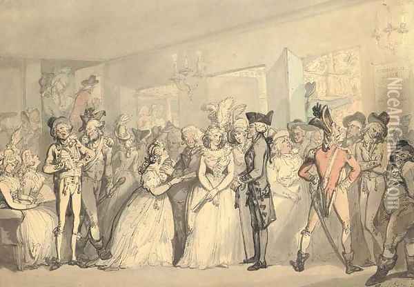 Foyer of the Haymarket Theatre during the 'Surrender of Calais' Oil Painting - Thomas Rowlandson