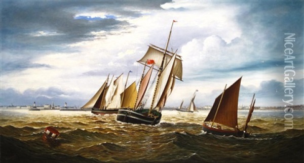 Four Sailing Vessels Sailing Into The Port Of Lowestoft Oil Painting - George Vempley Burwood