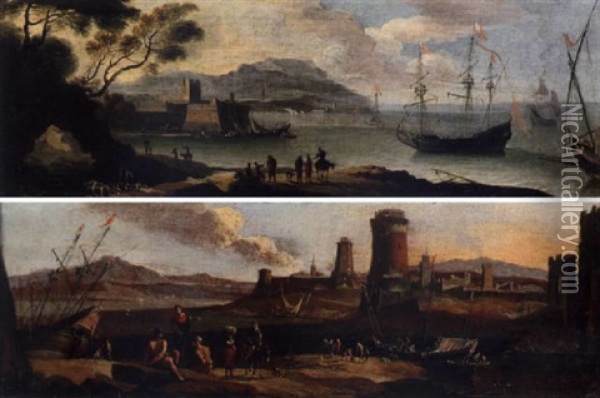 A Coastal Inlet With Figures And Moored Boats, A Town Beyond Oil Painting - Adriaen Van Der Cabel