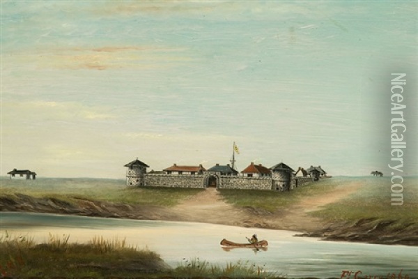 Indian Chief Paddling Past Fort Garry Oil Painting - Lionel Macdonald Stephenson