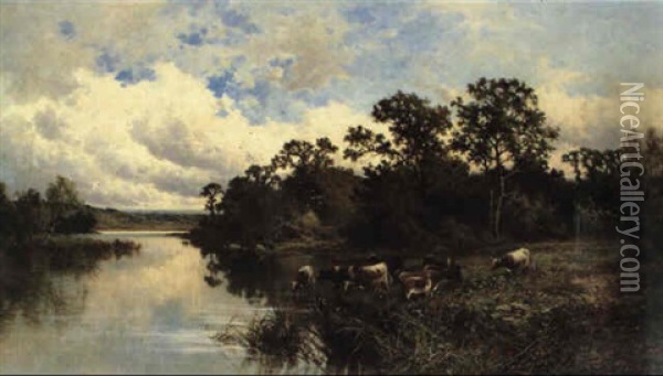 Cattle At A Watering Place Oil Painting - Henry H. Parker