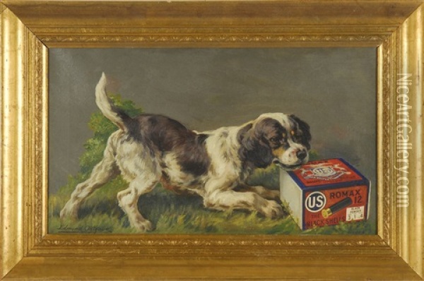 Untitled (u.s. Cartridge Co. Depicting An English Setter Playing With A Box Of U.s. Ammunition Company's Romax Brand Black Powder Shells) (illus.) Oil Painting - Edmund Henry Osthaus