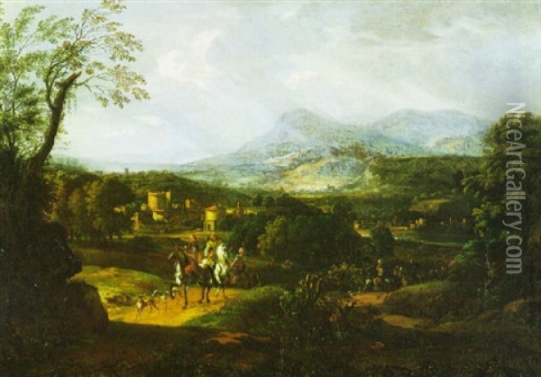 A Procession Of Turkish Horsemen In An Extensive Mountainous Landscape Oil Painting - Dirk Maes