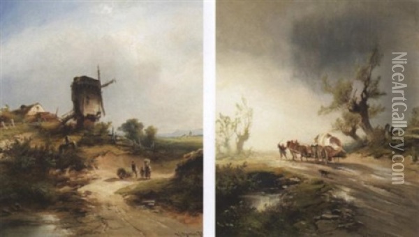 Windmuhle Auf Einer Anhohe. Im Vordergrund Bauernfamilie Mit Einem Heuwagen Oil Painting - Heinrich Hiller