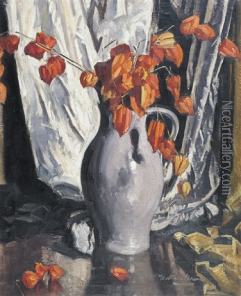 Still Life With Physalis And Jug Oil Painting - Walter Graham Grieve