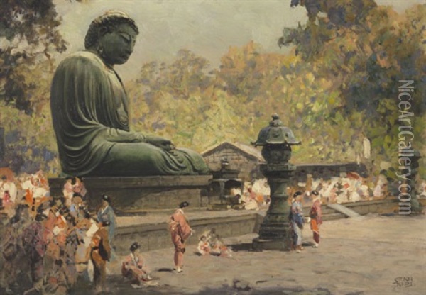 Der Grose Buddha (daibutsu) In Kamakura, Japan Oil Painting - Erich Kips